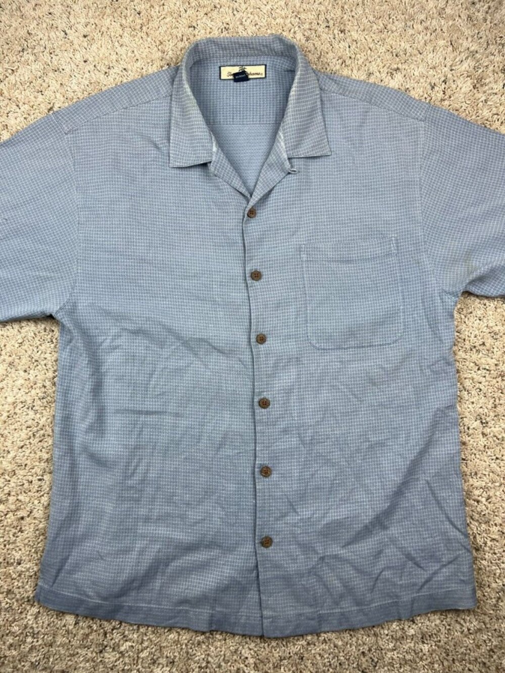 Tommy Bahama Shirt Large Blue Check Button Up Hawaiian All Silk Camp Mens **